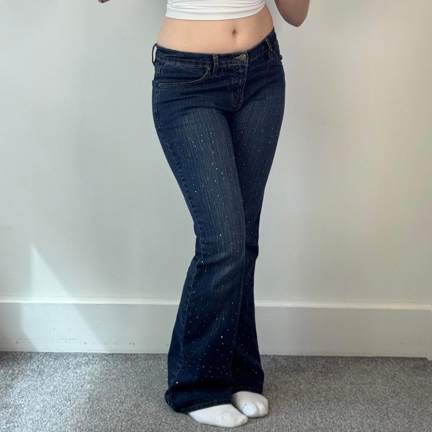 Y2K vintage low rise bootcut rhinestones jeans embellished faded denim
