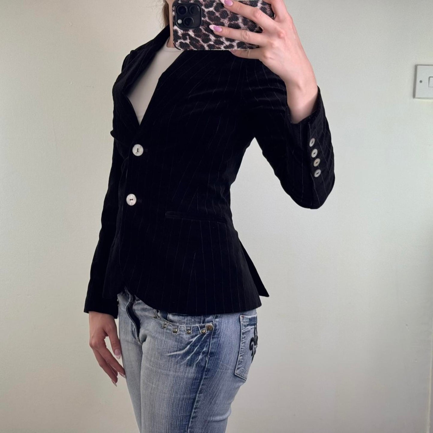 Y2K vintage velour pinstripe blazer jacket shell button up shoulder pad tailored