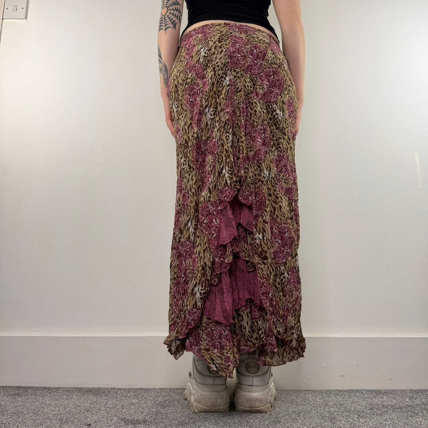 Y2K vintage leopard print frilly maxi skirt