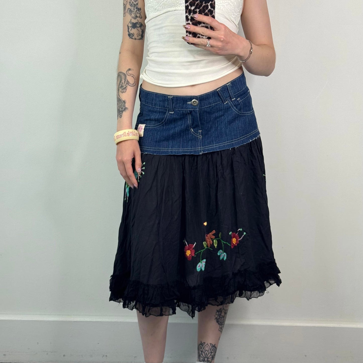 Y2K vintage boho denim cotton tiered embroidered midi skirt floral bird ruffle