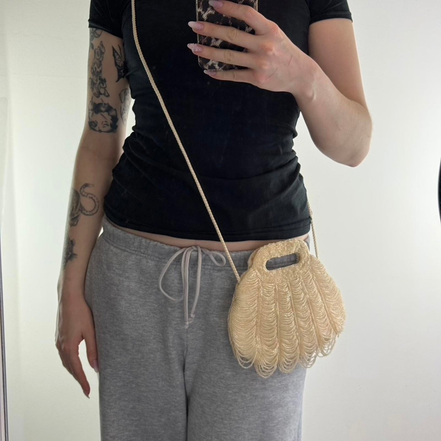 Y2K vintage beaded mini crossbody bag beads handbag evening cream scallop hem