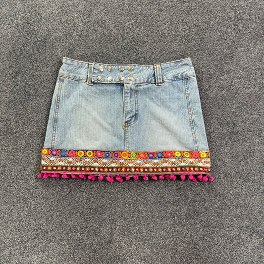 Y2K mid rise festival boho denim mini iskirt