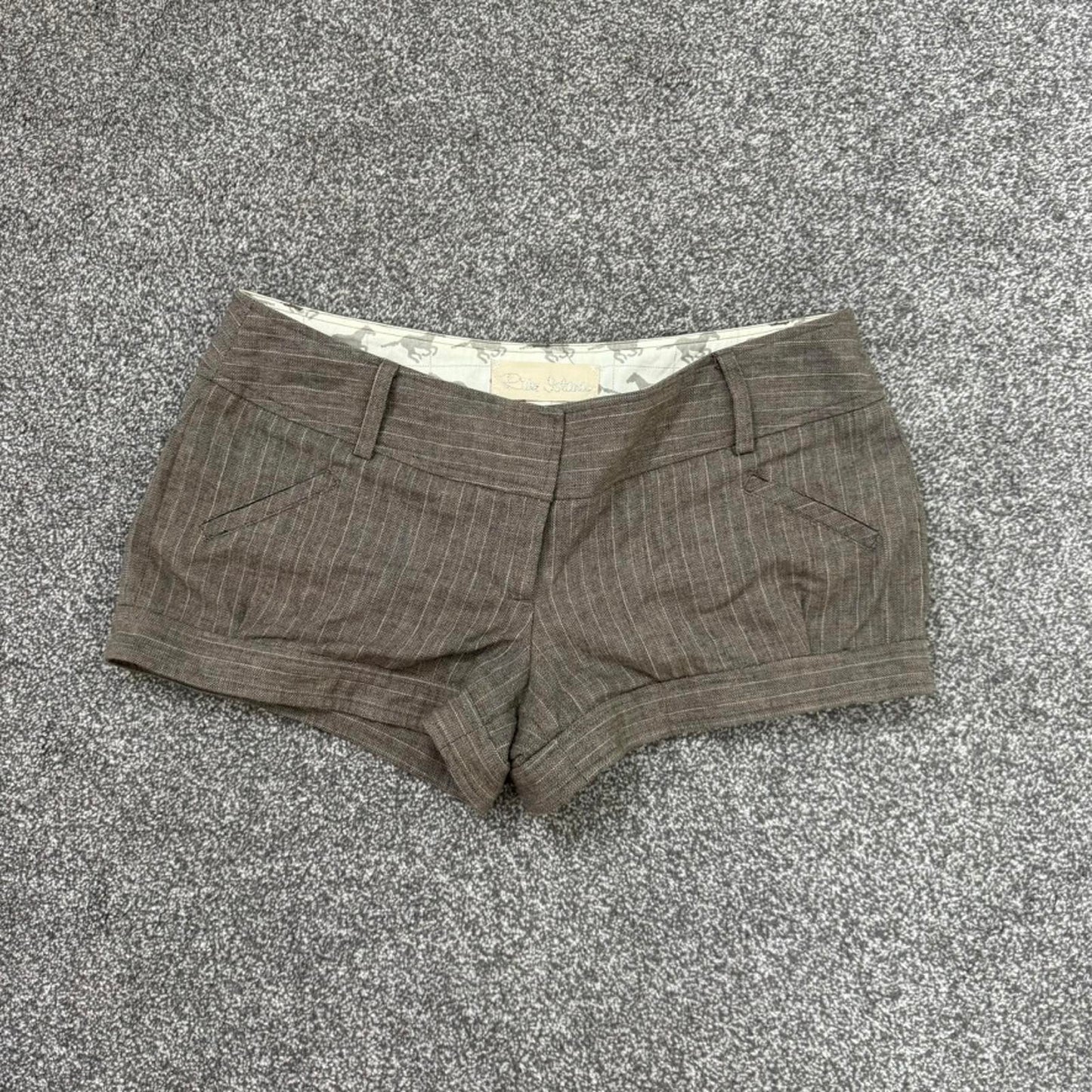 Y2K vintage low rise pinstripe mini shorts wool blend tailored brown