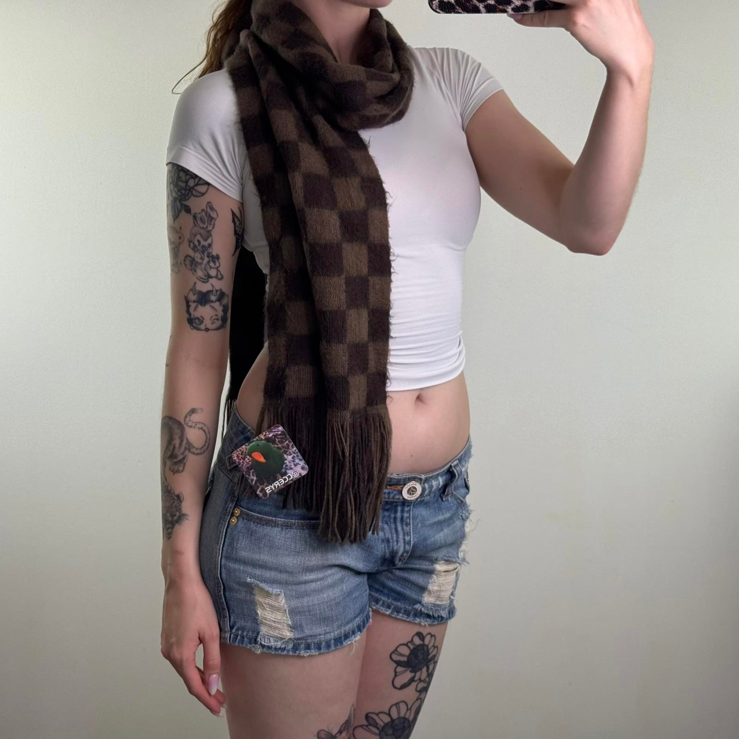 Y2K vintage check print fluffy scarf brown tassel soft