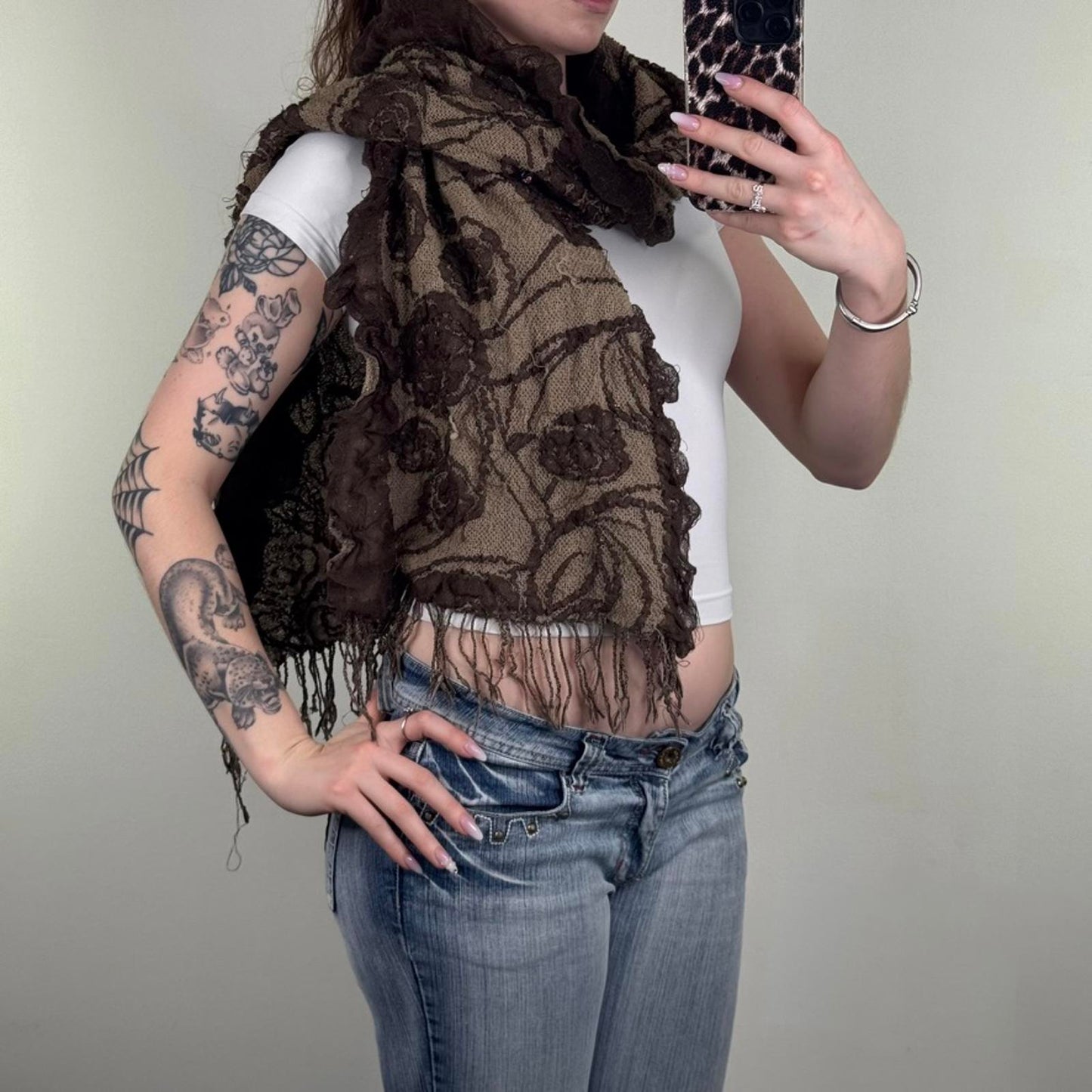 Y2K vintage floral sparkly scarf large fringe light dark brown pattern