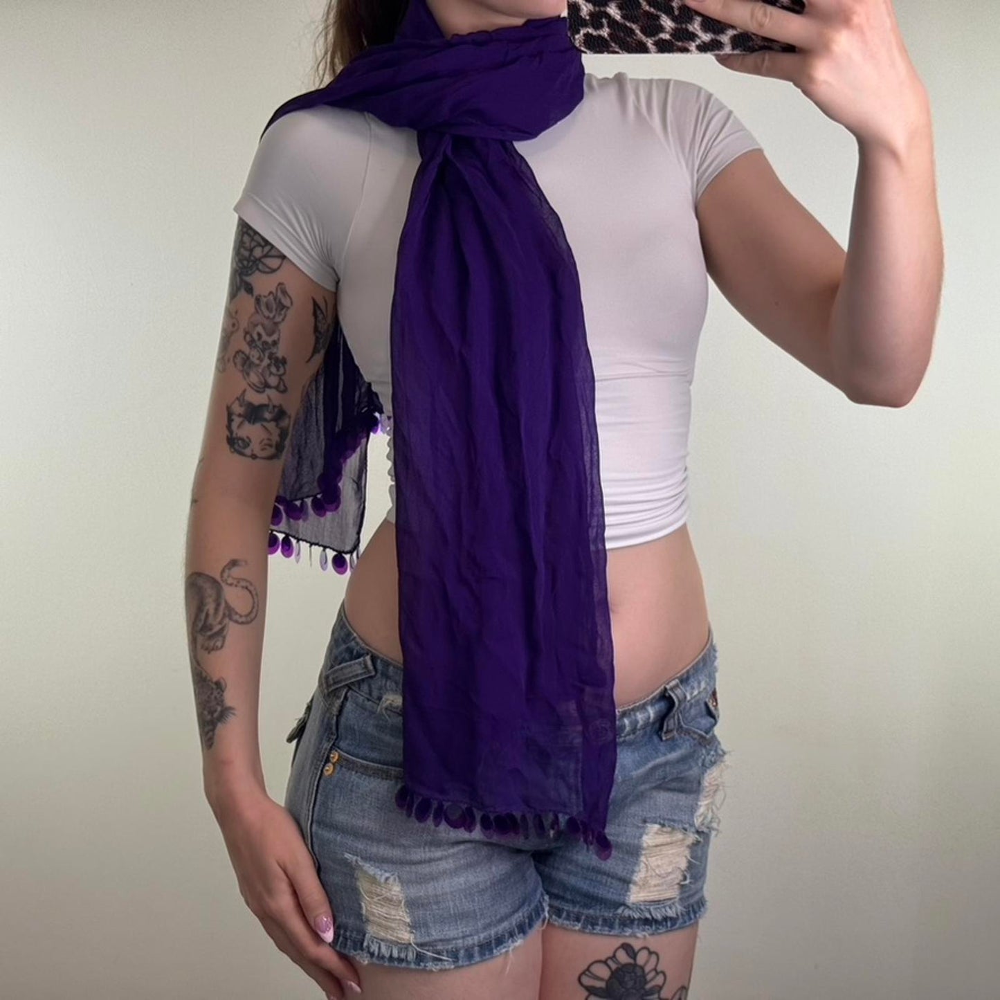 Y2K vintage sheer large scarf beaded sequin trim lightweight purple