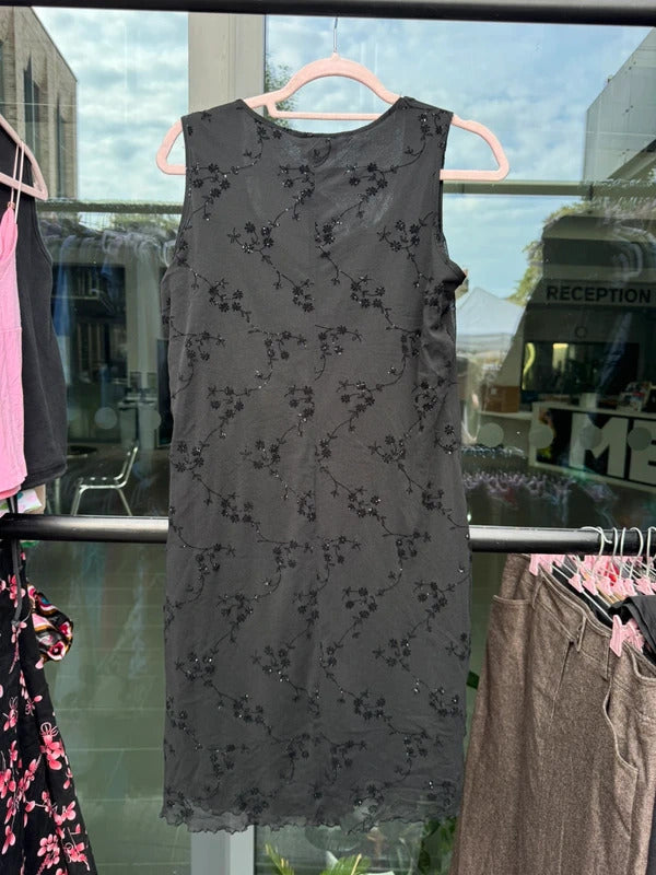 Vintage Y2K 2000s mesh mini dress overlay lettuce hem floral sparkly sleeveless