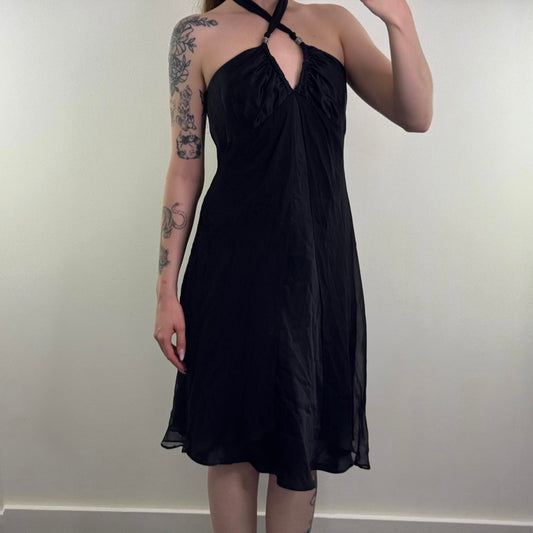Y2K vintage 100% silk halter neck midi dress open front a line lightweight