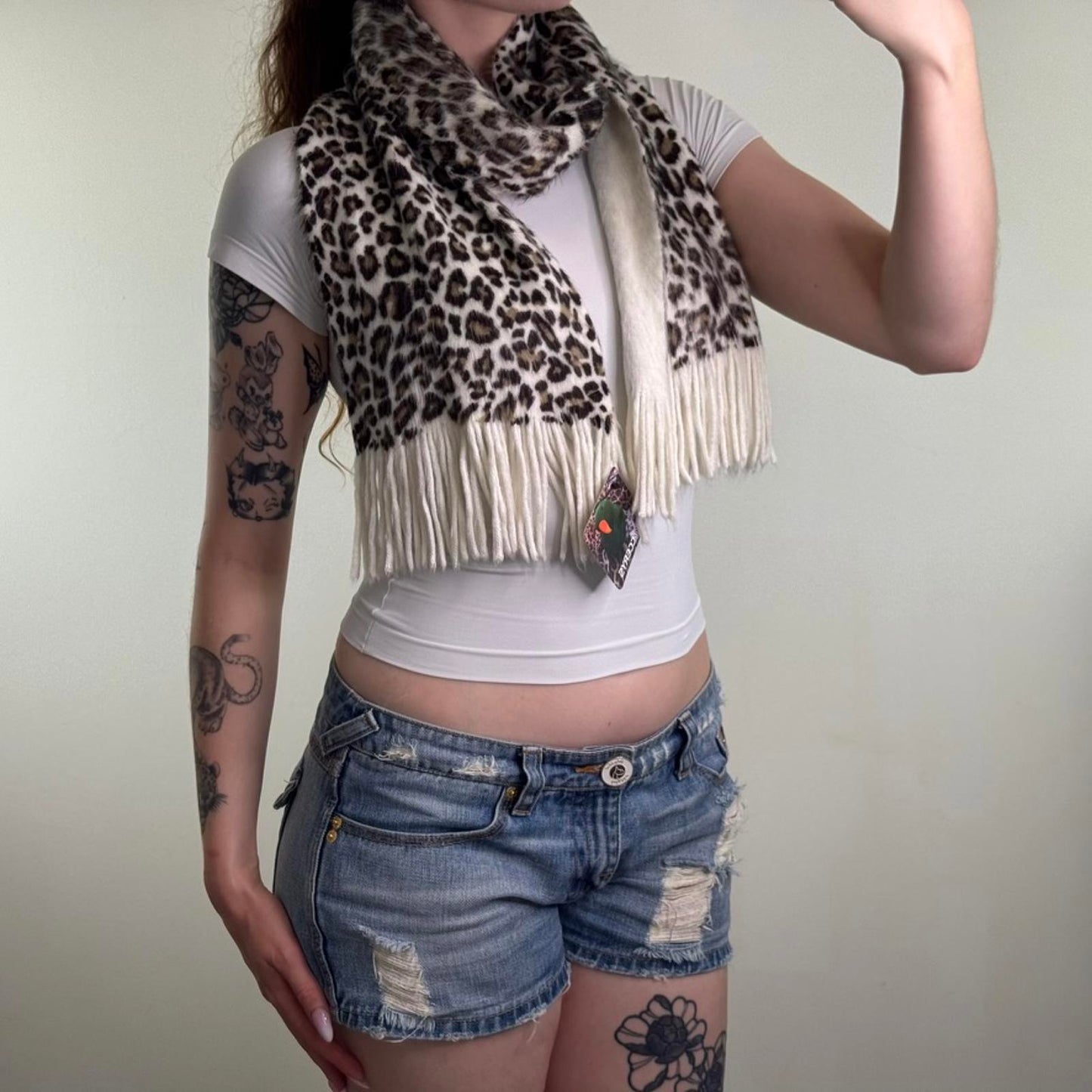 Y2K vintage leopard print scarf fluffy knit tassel soft