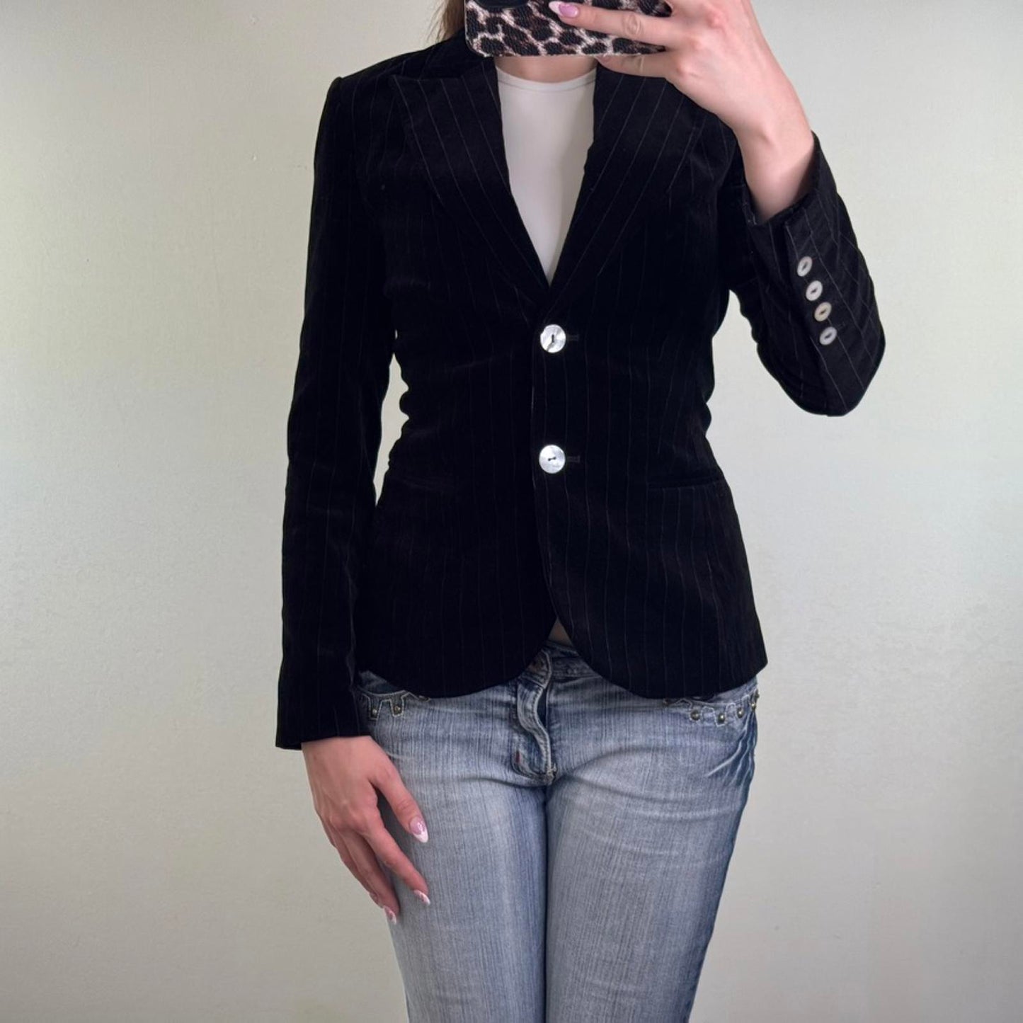 Y2K vintage velour pinstripe blazer jacket shell button up shoulder pad tailored