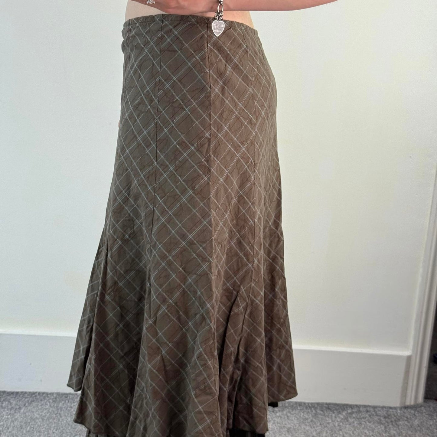 Y2K vintage tartan floral embroidered maxi skirt a line flowy fit double hemline