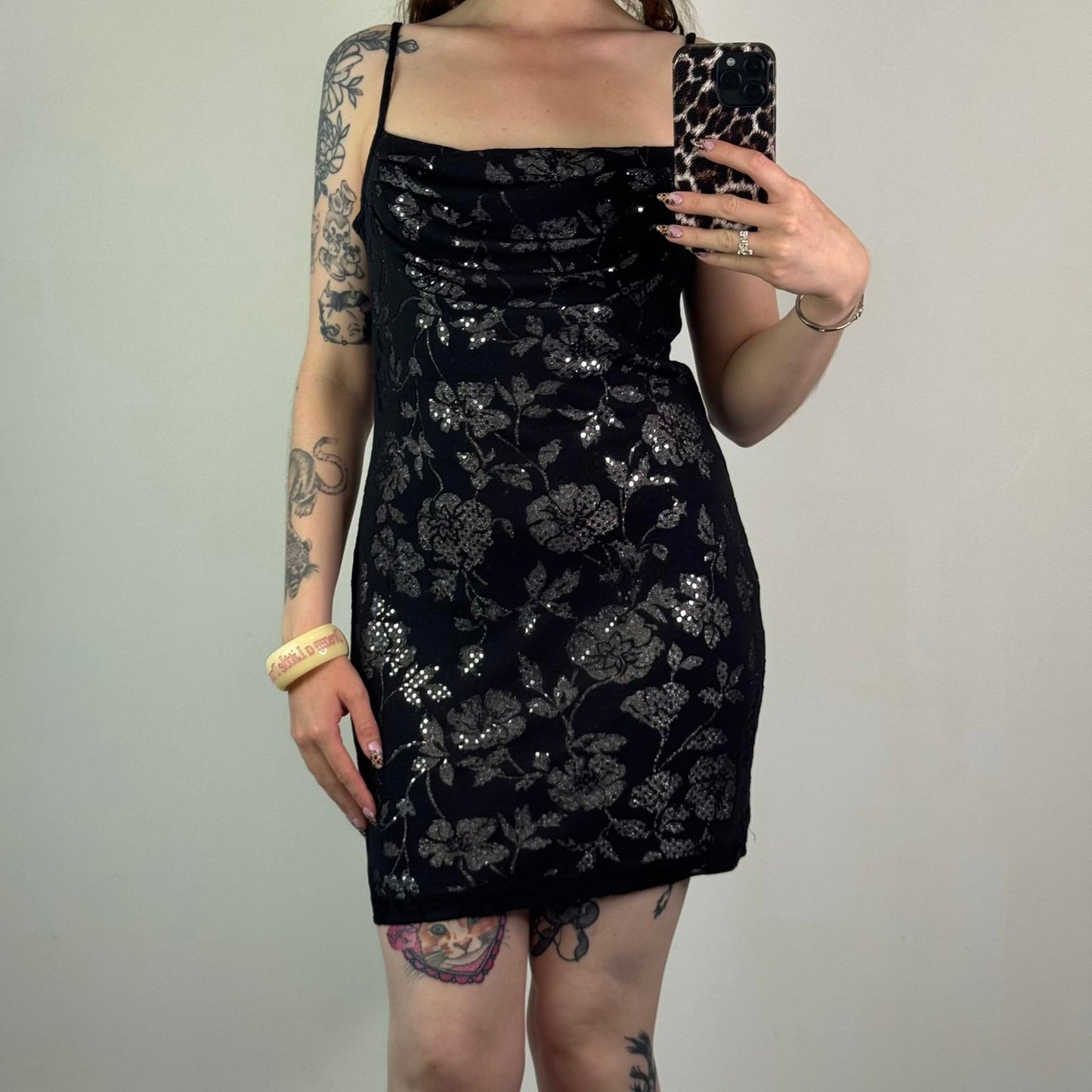 Y2K vintage mini dress sequin cowl neck floral mesh festival party strappy