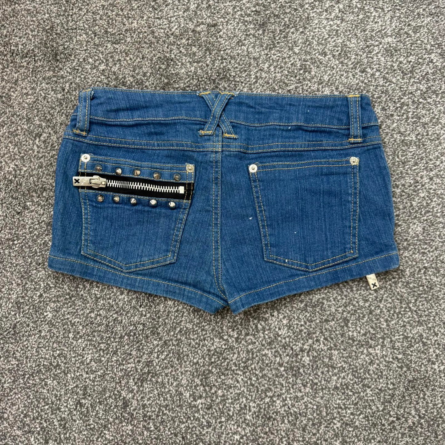 Tripp NYC low rise denim mini shorts studded zipper blue wash stretchy micro