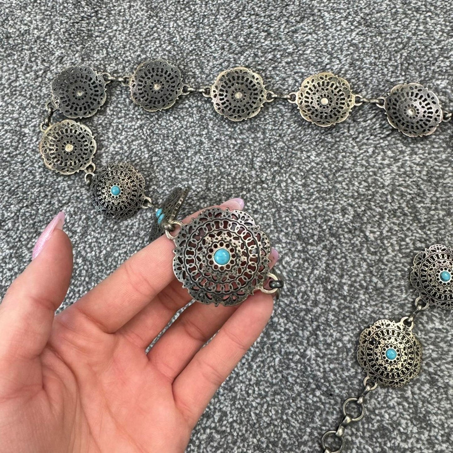 Y2K vintage disc circle metal belt silver blue chain boho