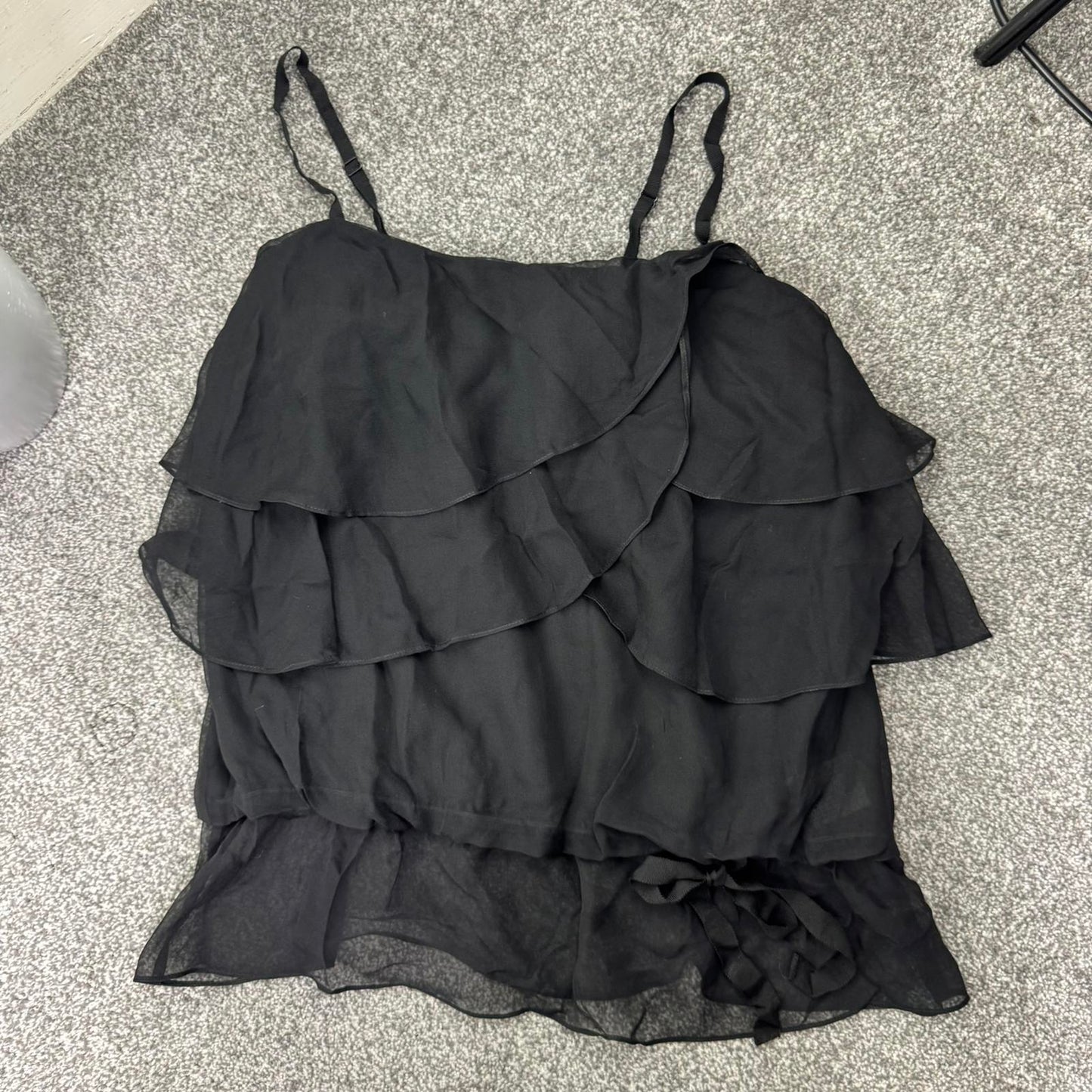 Y2K vintage 100% silk cami top ruffle elastic hem strappy bow layered tiered