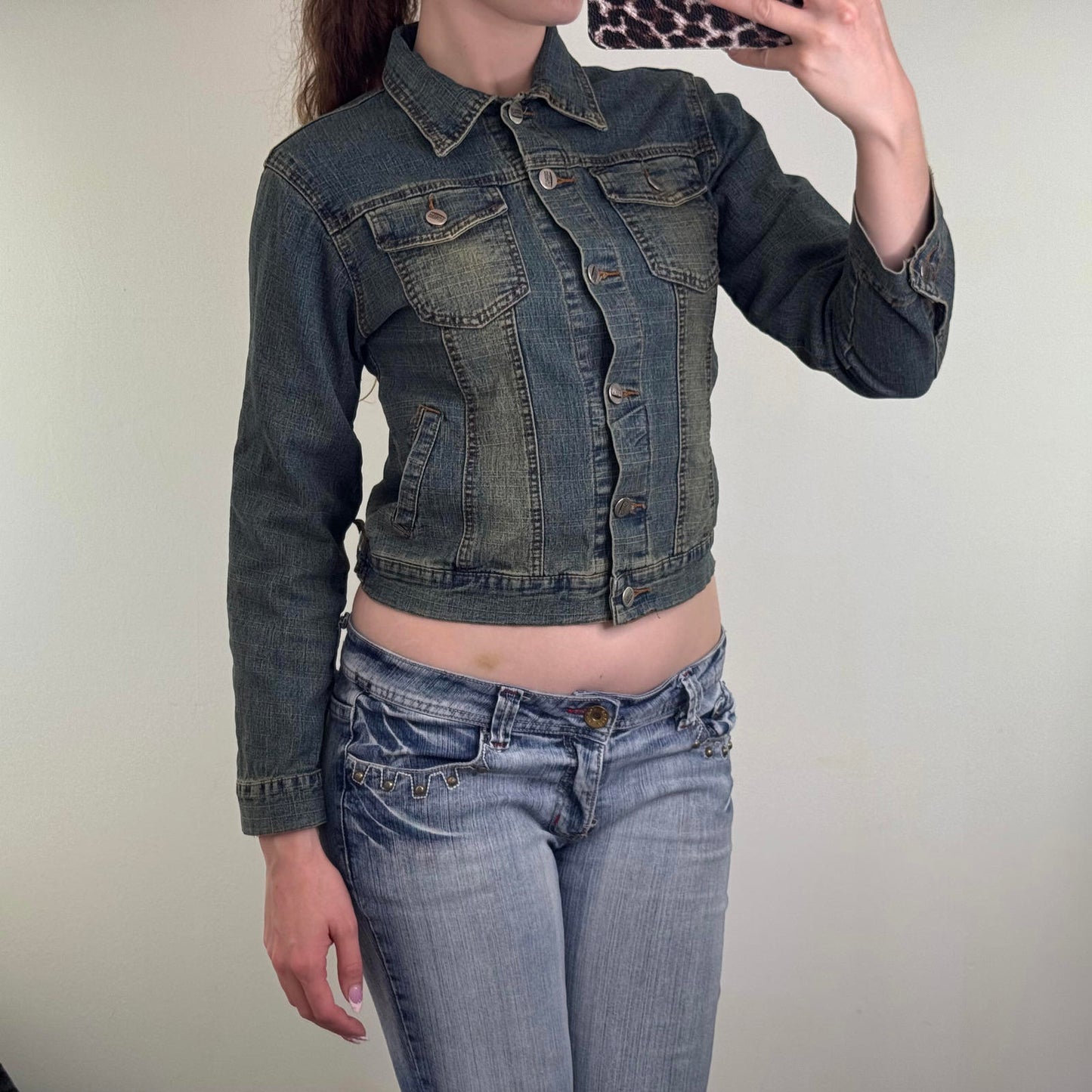 Y2K vintage fitted faded denim button up jacket dirty wash archive slight crop