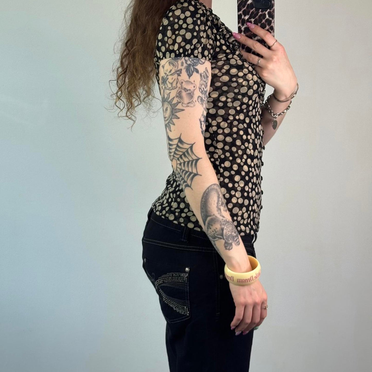Y2K vintage polka dot spotty double mesh puff short sleeve top v neck frilly