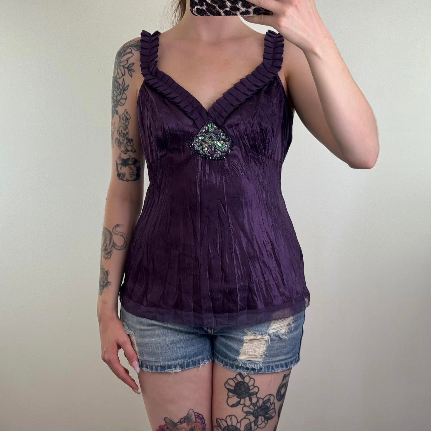 Y2K vintage satin crinkle cami top sequin embellished v neck flowy