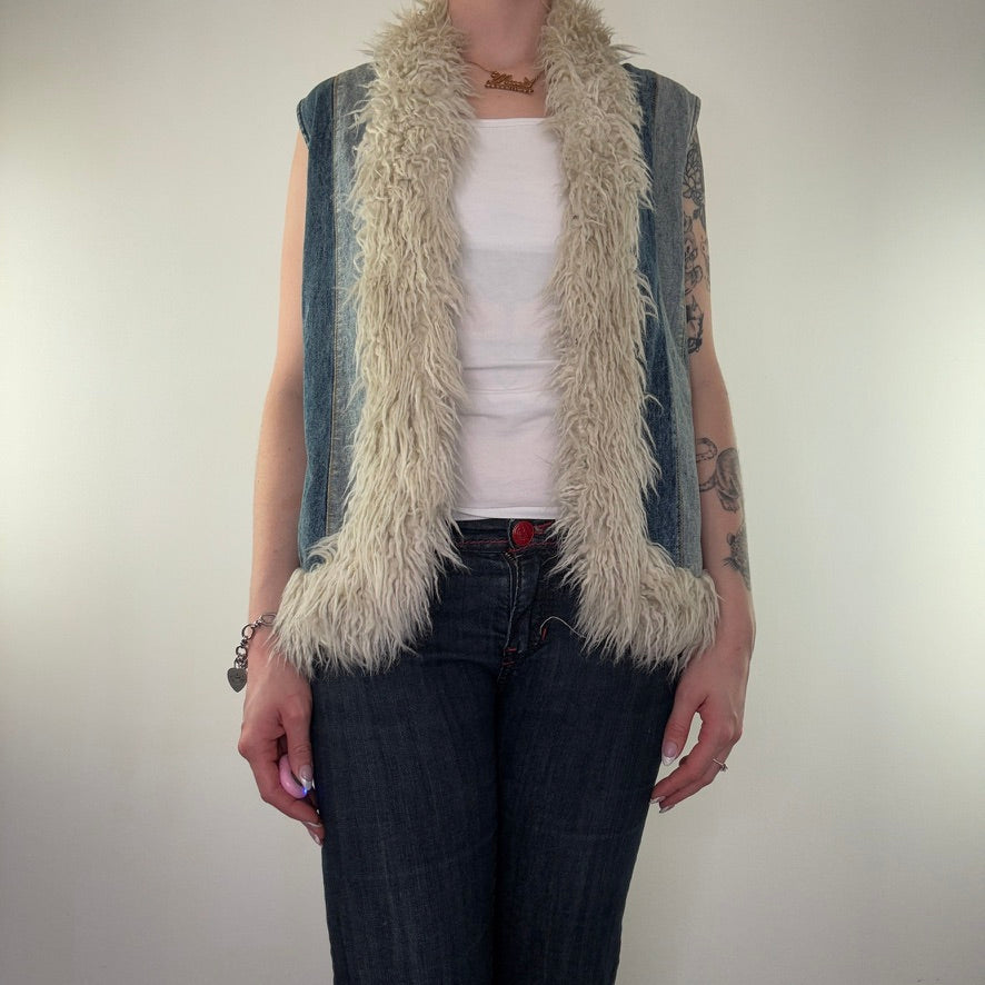 Y2K vintage denim patchwork gilet body warmer sleeveless jacket