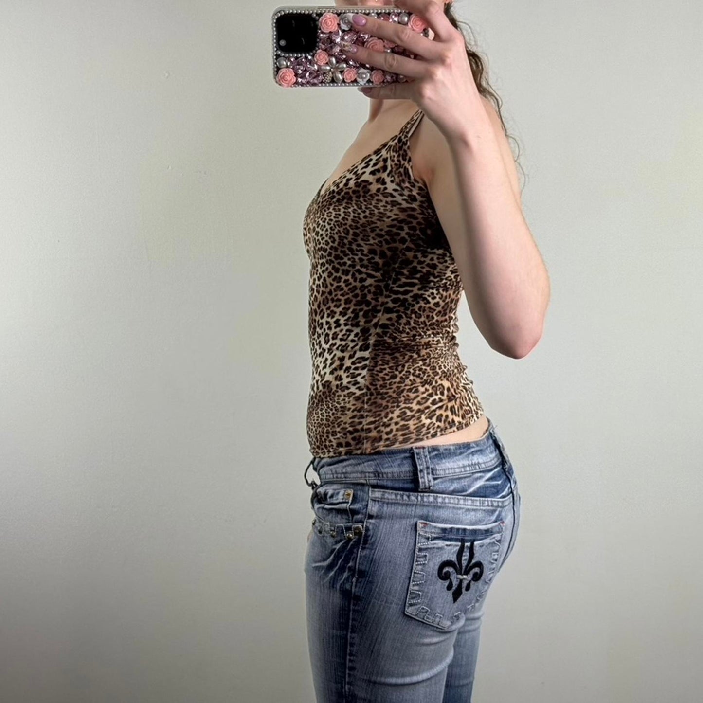 Y2K vintage leopard print tank top stretchy fitted low neckline open back