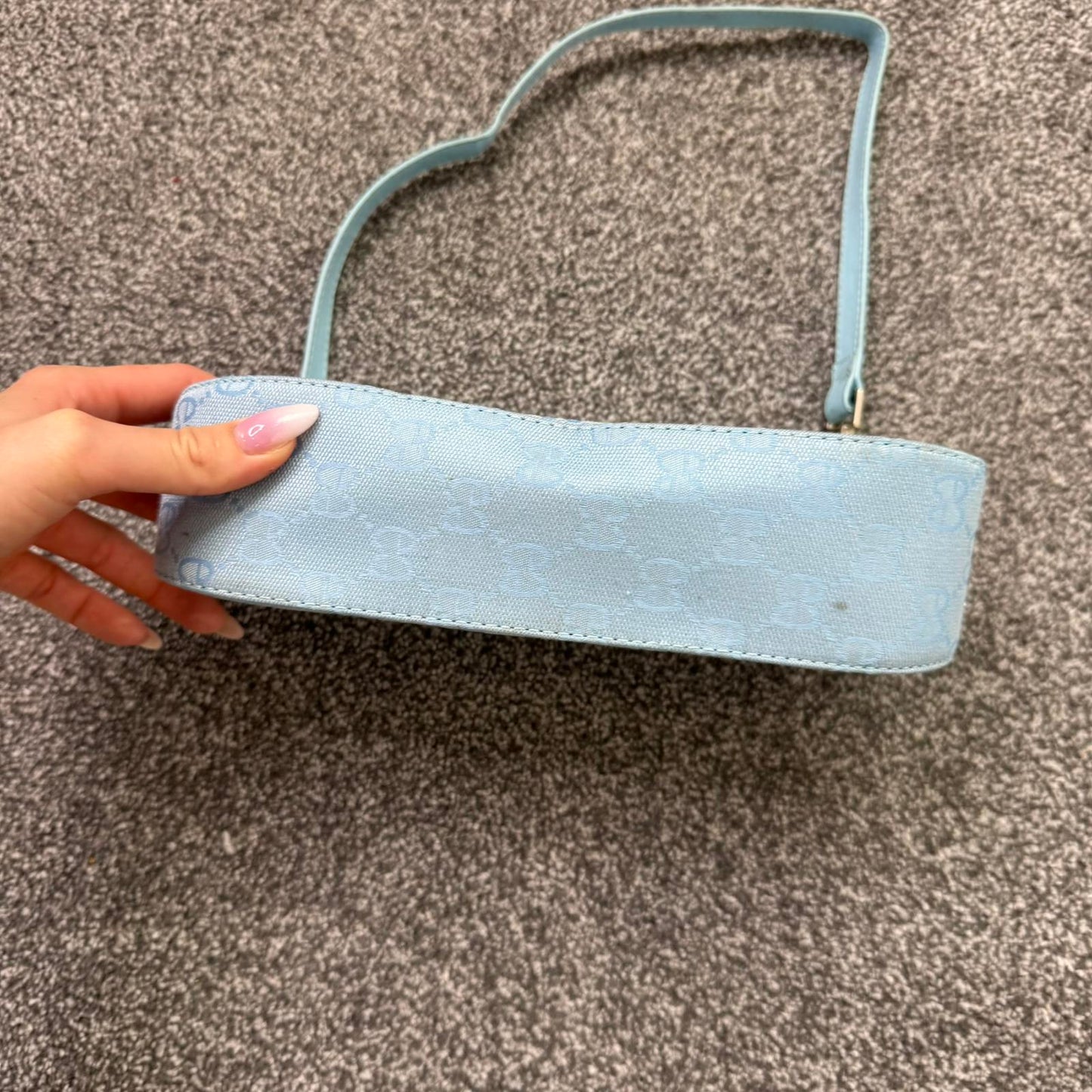 Y2K vintage canvas mini shoulder bag baby blue baguette silver