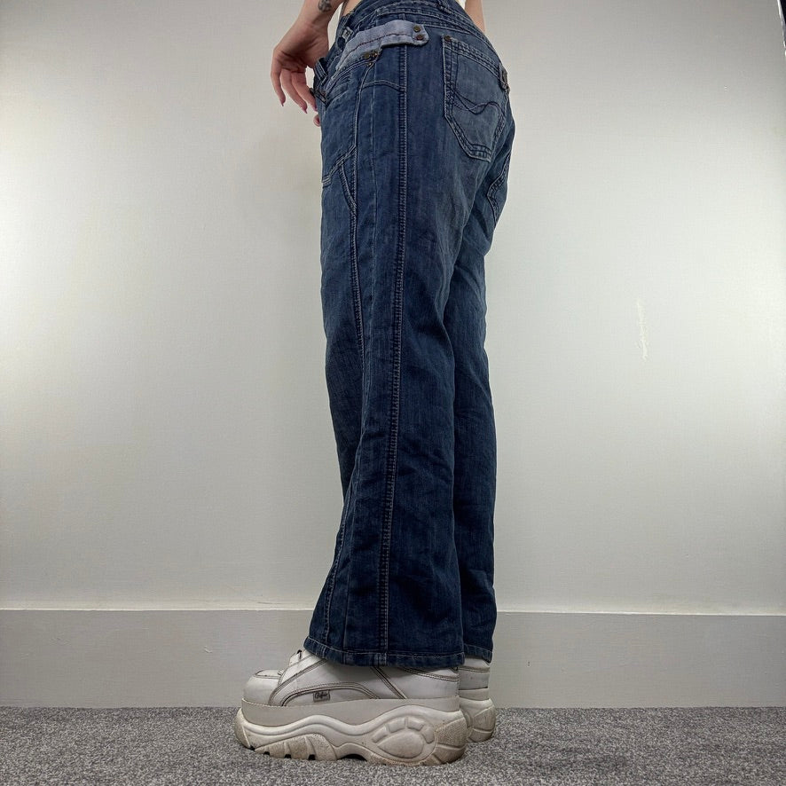 Y2K vintage slouchy baggy jeans faded denim mid rise two tone utility cargo