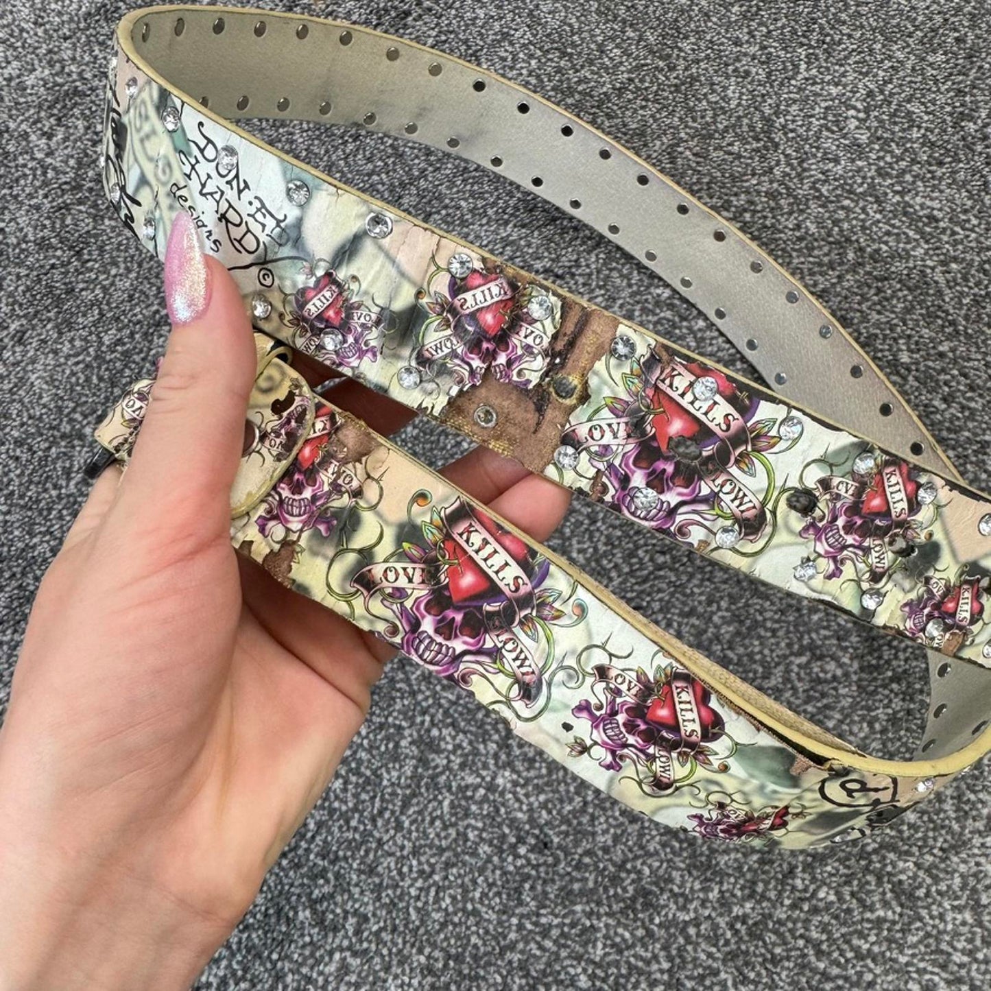 Y2K vintage Ed Hardy faux leather rhinestone belt silver buckle skull heart