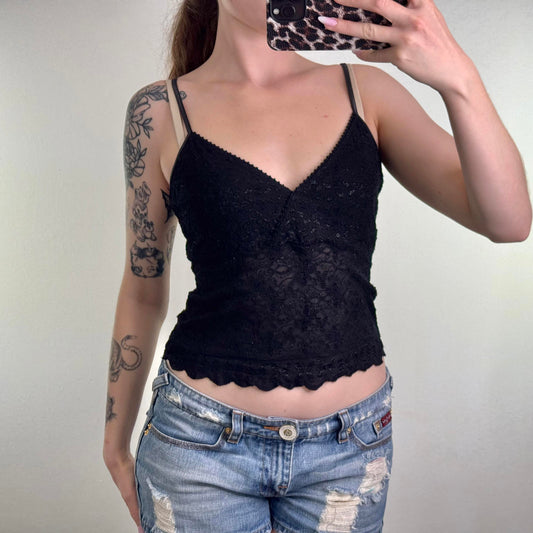 Y2K vintage mesh cami top strappy v neck scallop hem strappy pattern