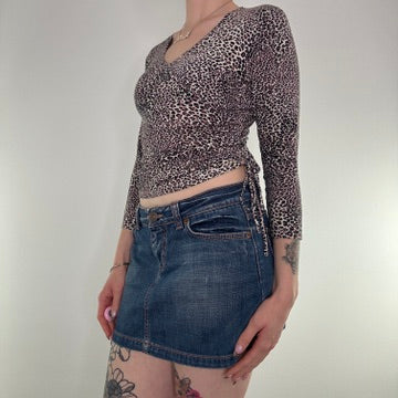 Y2K vintage top leopard print ruched 3/4 sleeve v neck