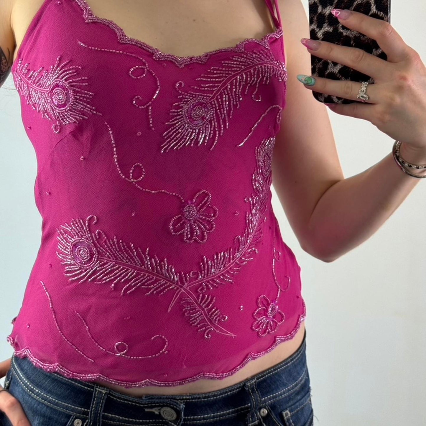 Y2K vintage Bay embellished strappy top floral feather racerback beaded pink