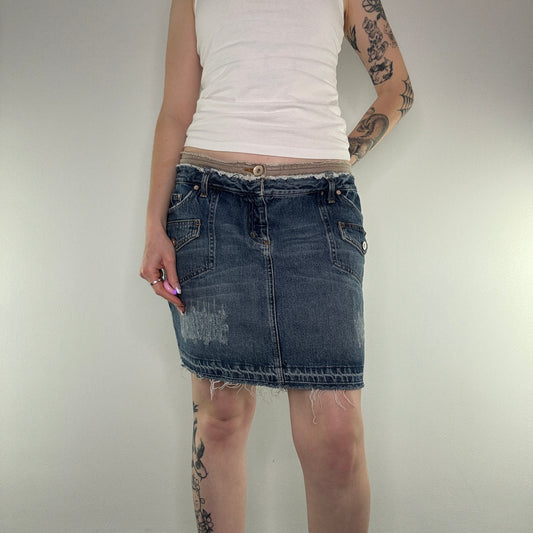 Y2K distressed fraying hem cargo denim mini skirt