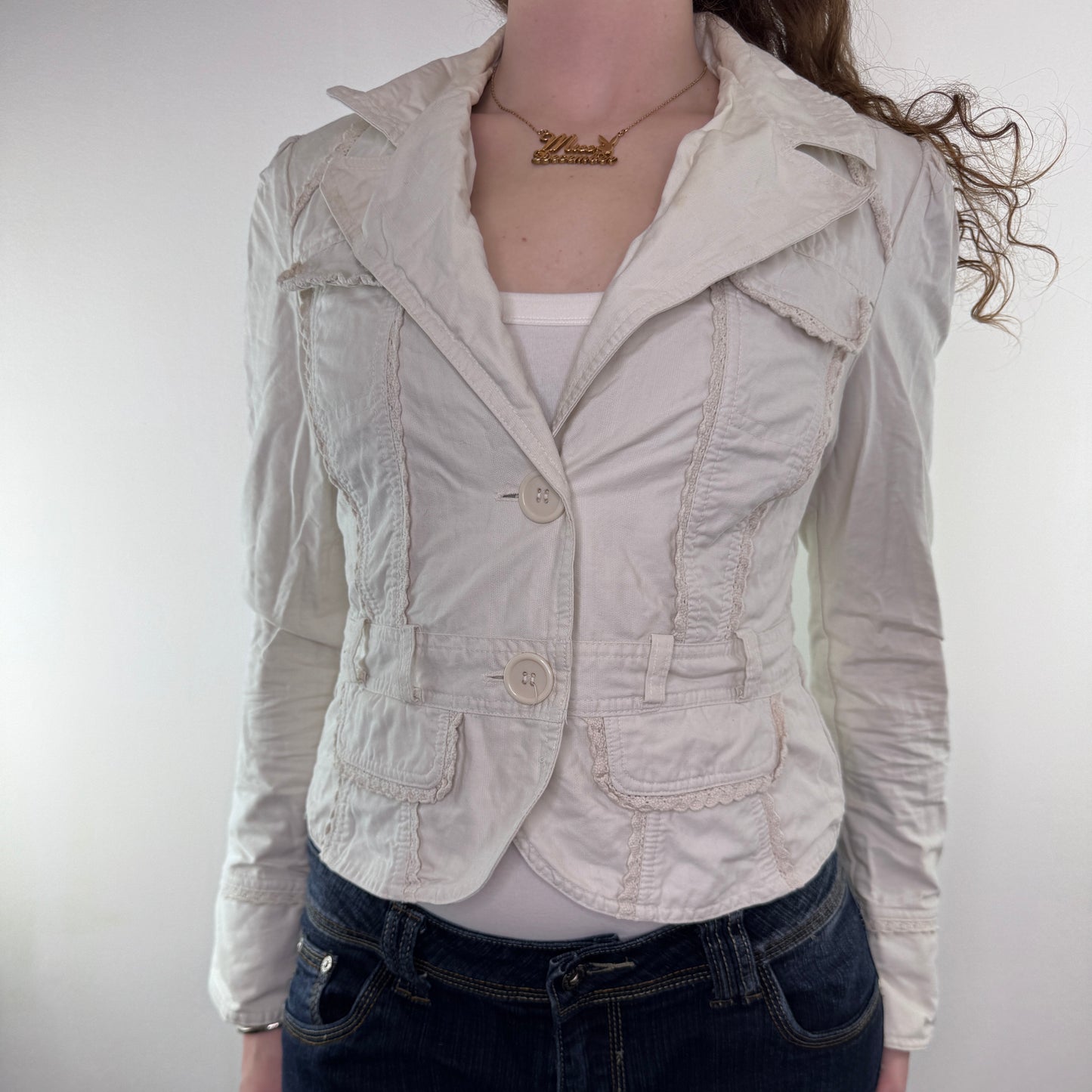 Y2K vintage fitted denim blazer frill knit trims button up jacket