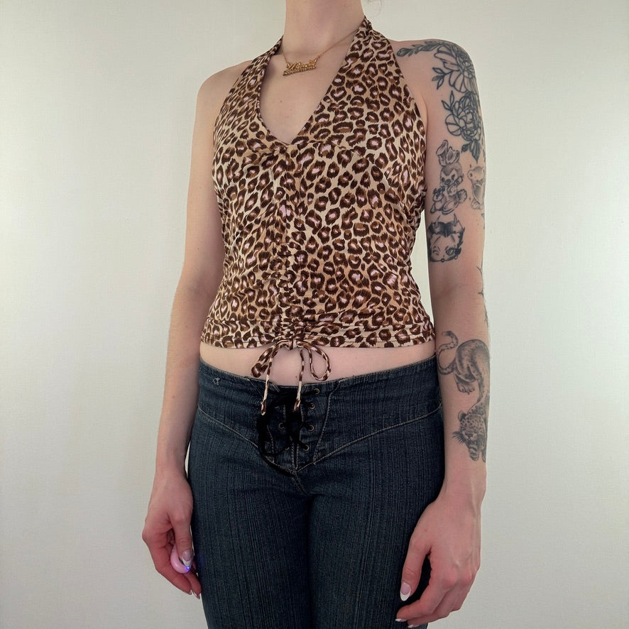 Y2K vintage leopard print halter neck ruched top