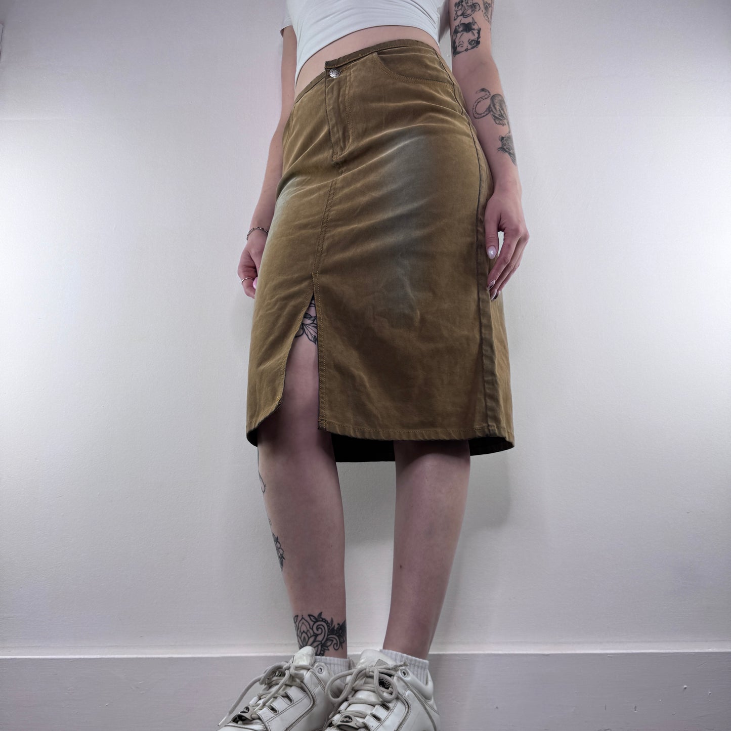 Y2K vintage faux suede faded midi skirt