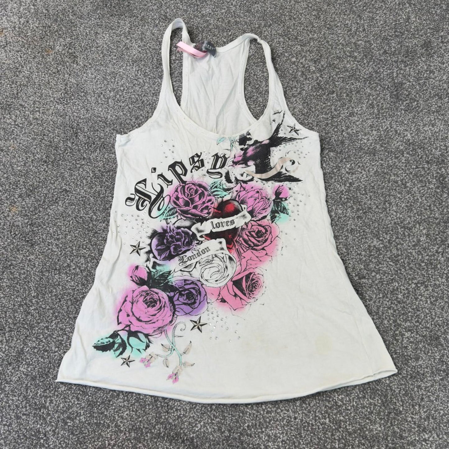 Y2K vintage tattoo graphic print rhinestone baggy tank top