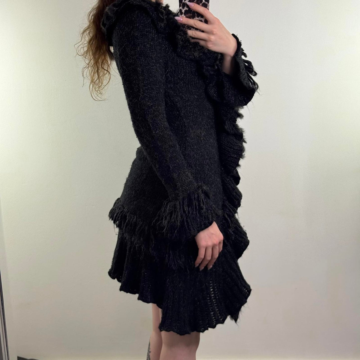 Y2K vintage wool mohair blend cardigan genuine fur ruffle trim long length