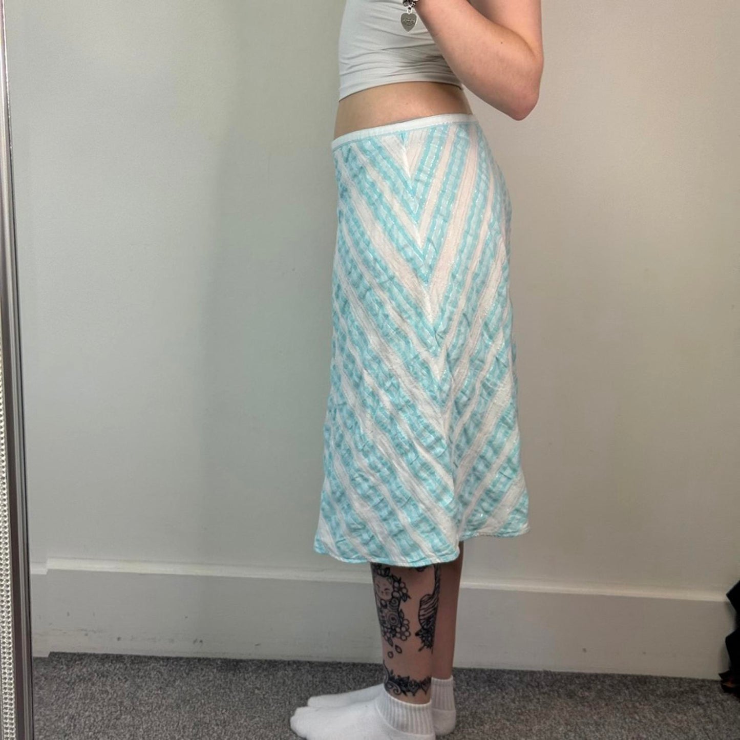 Y2K vintage stripe sparkly midi skirt diagonal white baby blue stripy a line