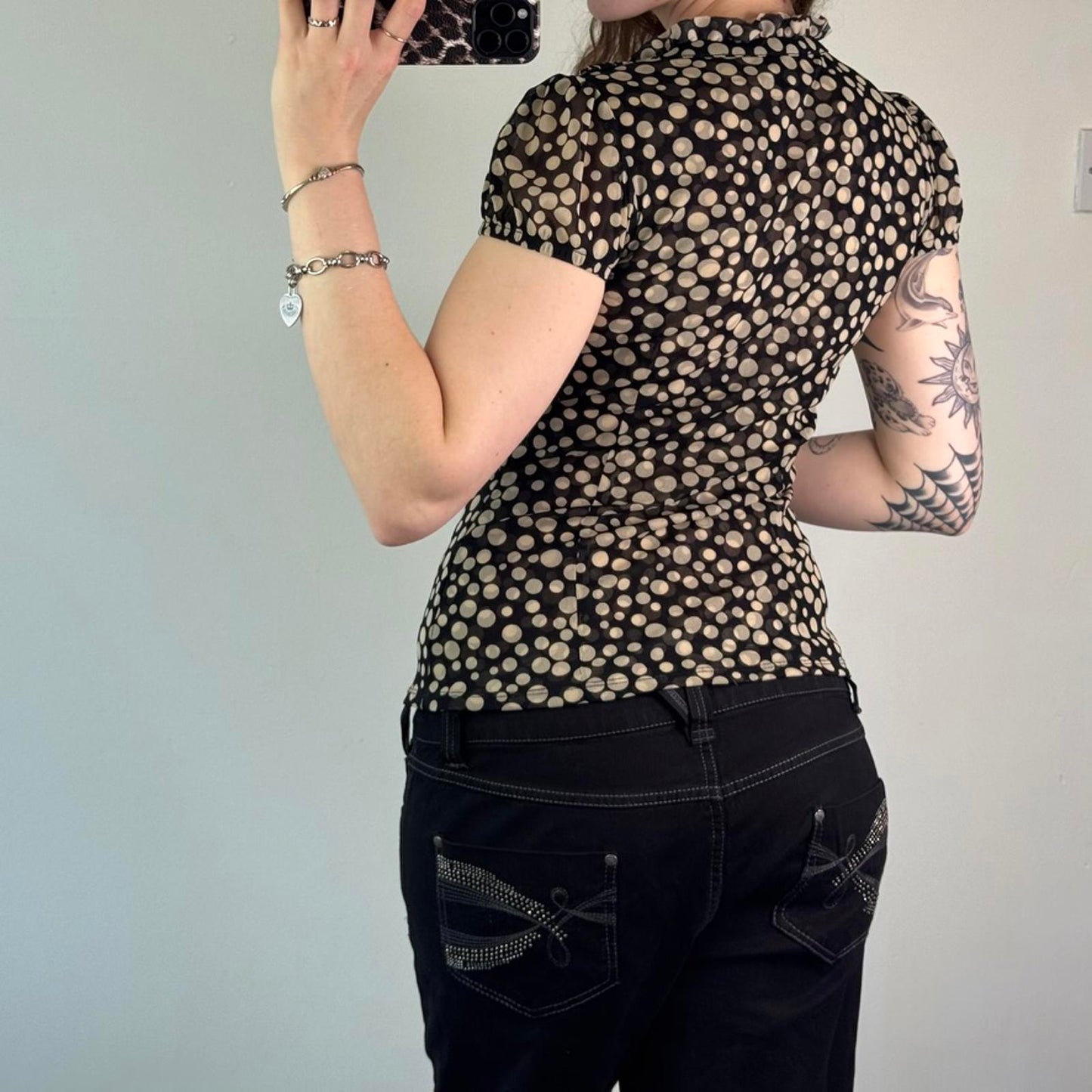 Y2K vintage polka dot spotty double mesh puff short sleeve top v neck frilly