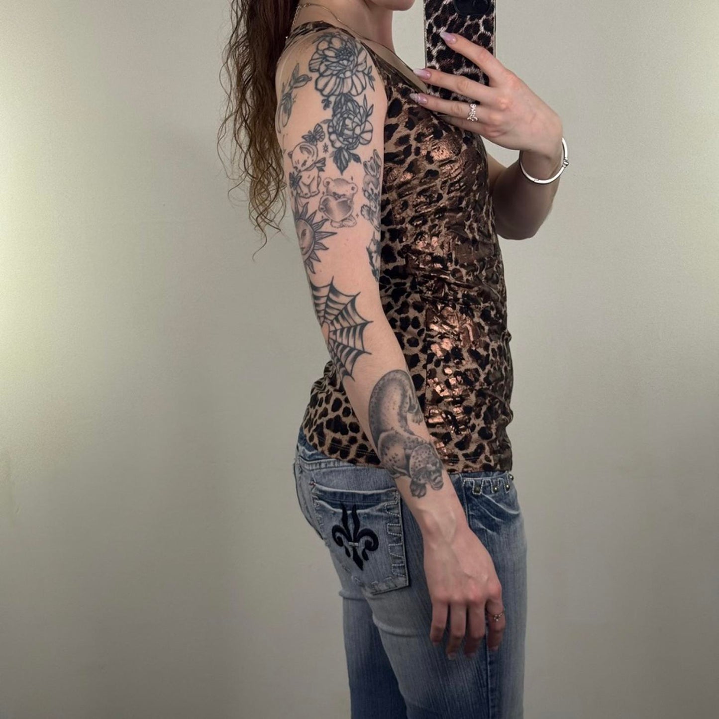 Y2K vintage leopard print tank top racerback brown shimmer round neckline