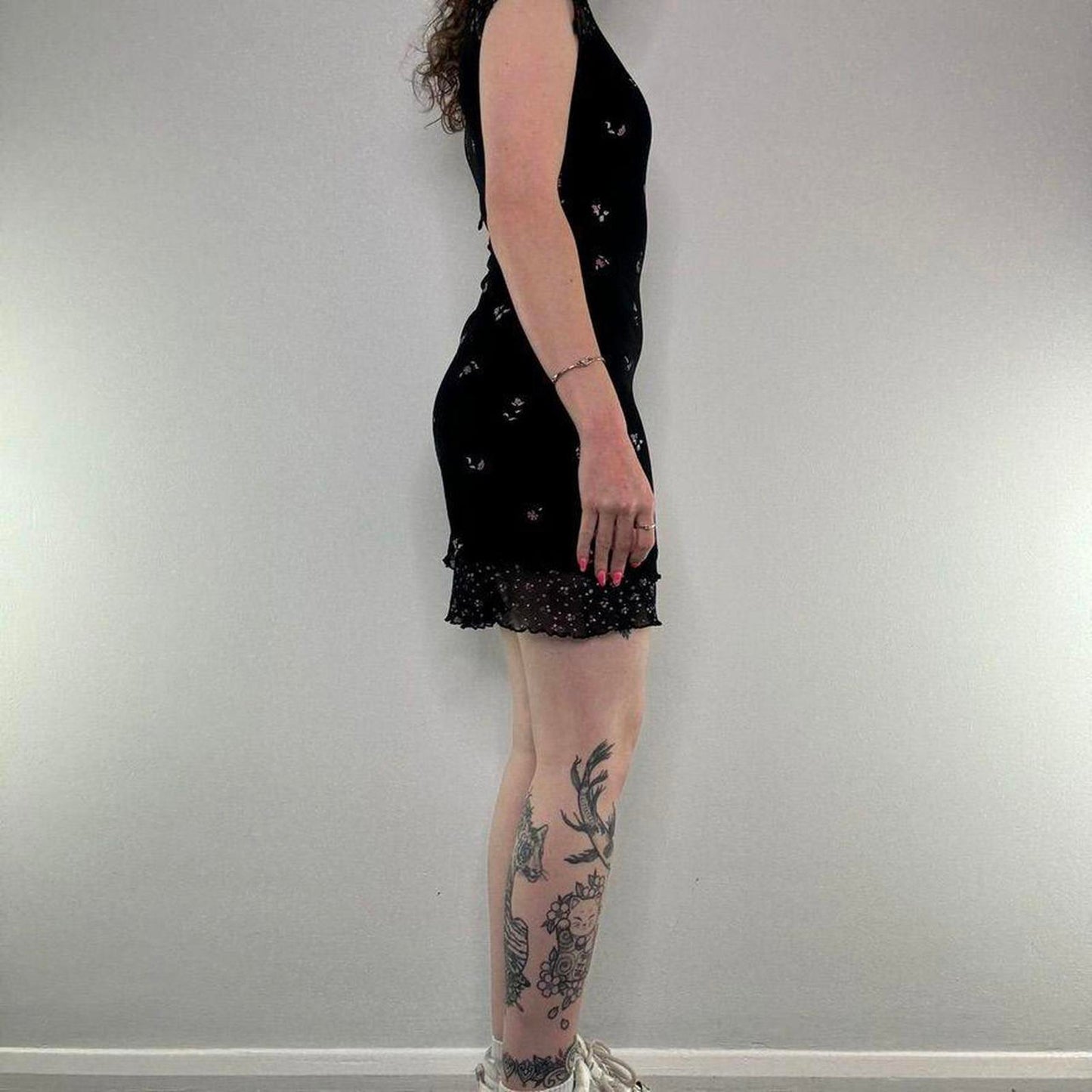 Y2K vintage black ditsy floral cap sleeve mini dress mesh