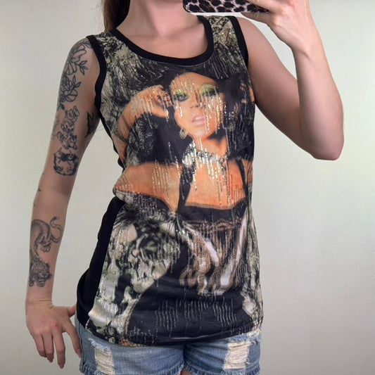 Y2K vintage sequin tank top graphic print woman ribbed long line length