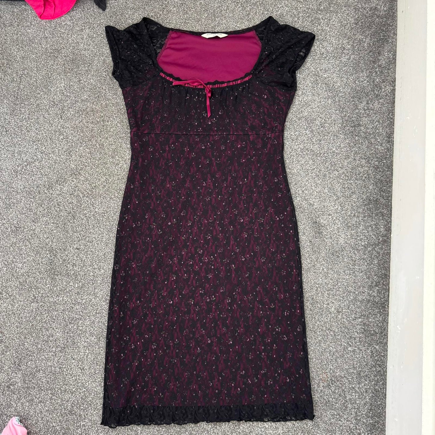 Y2K vintage lace milkmaid midi dress cap sleeve ditsy floral bow scoop neck