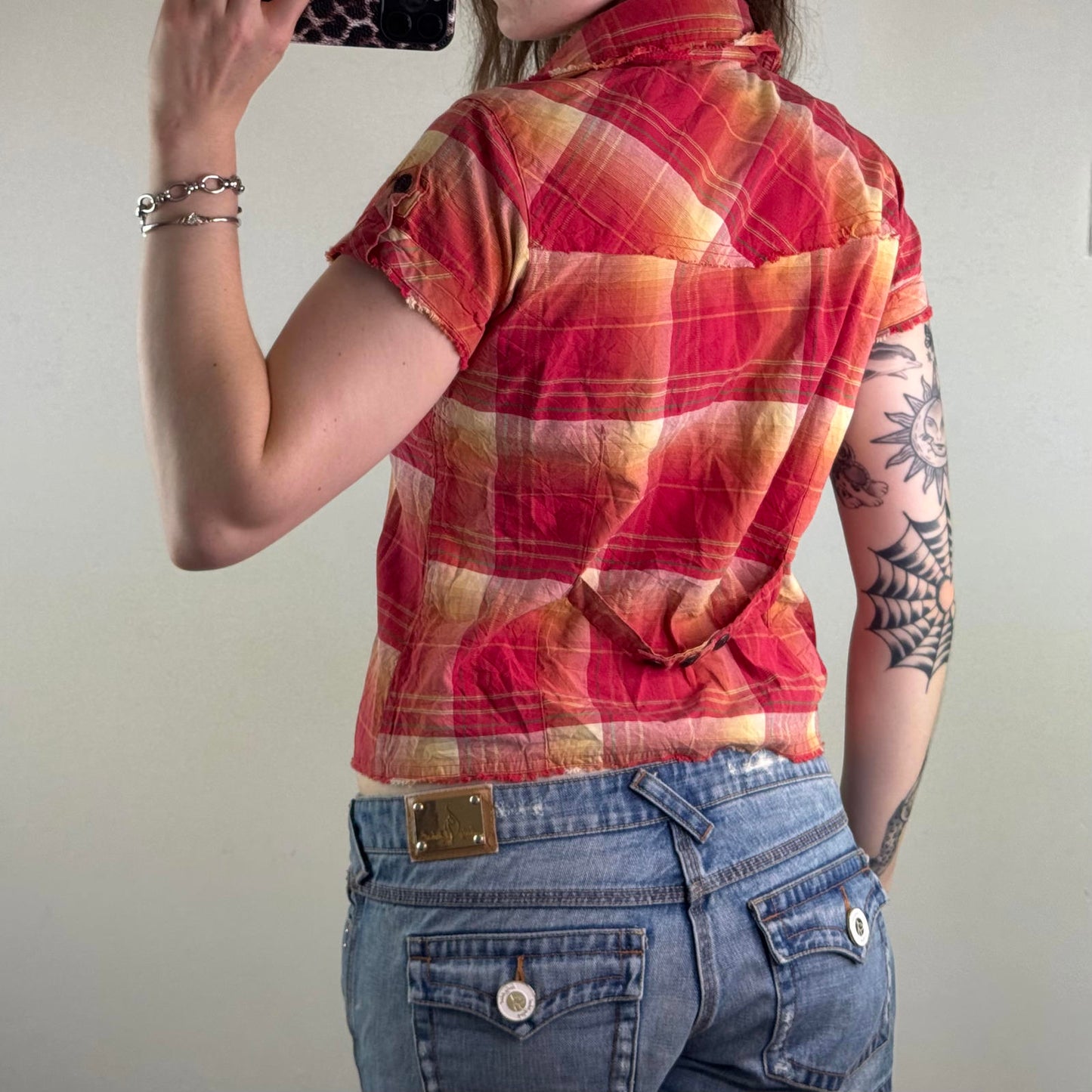 Y2K vintage check print tartan shirt short sleeve popper button up red yellow