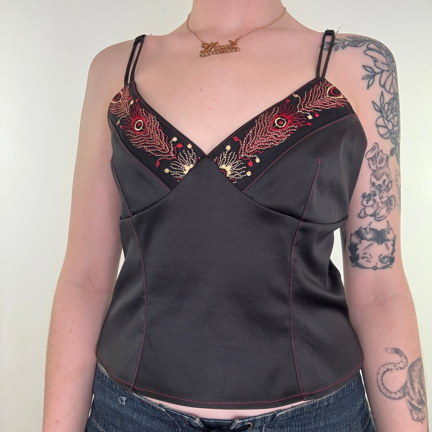 Y2K vintage satin cami embroidered lace up top