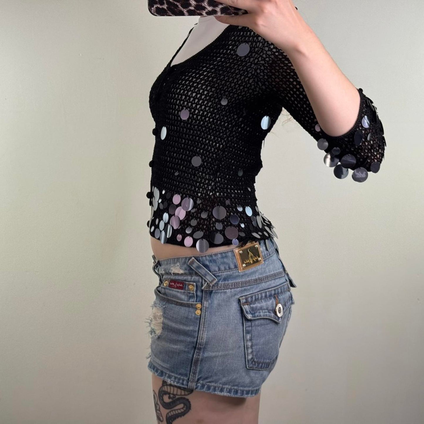 Y2K vintage crochet sequin embellished cardigan knit 3/4 sleeve scoop neck