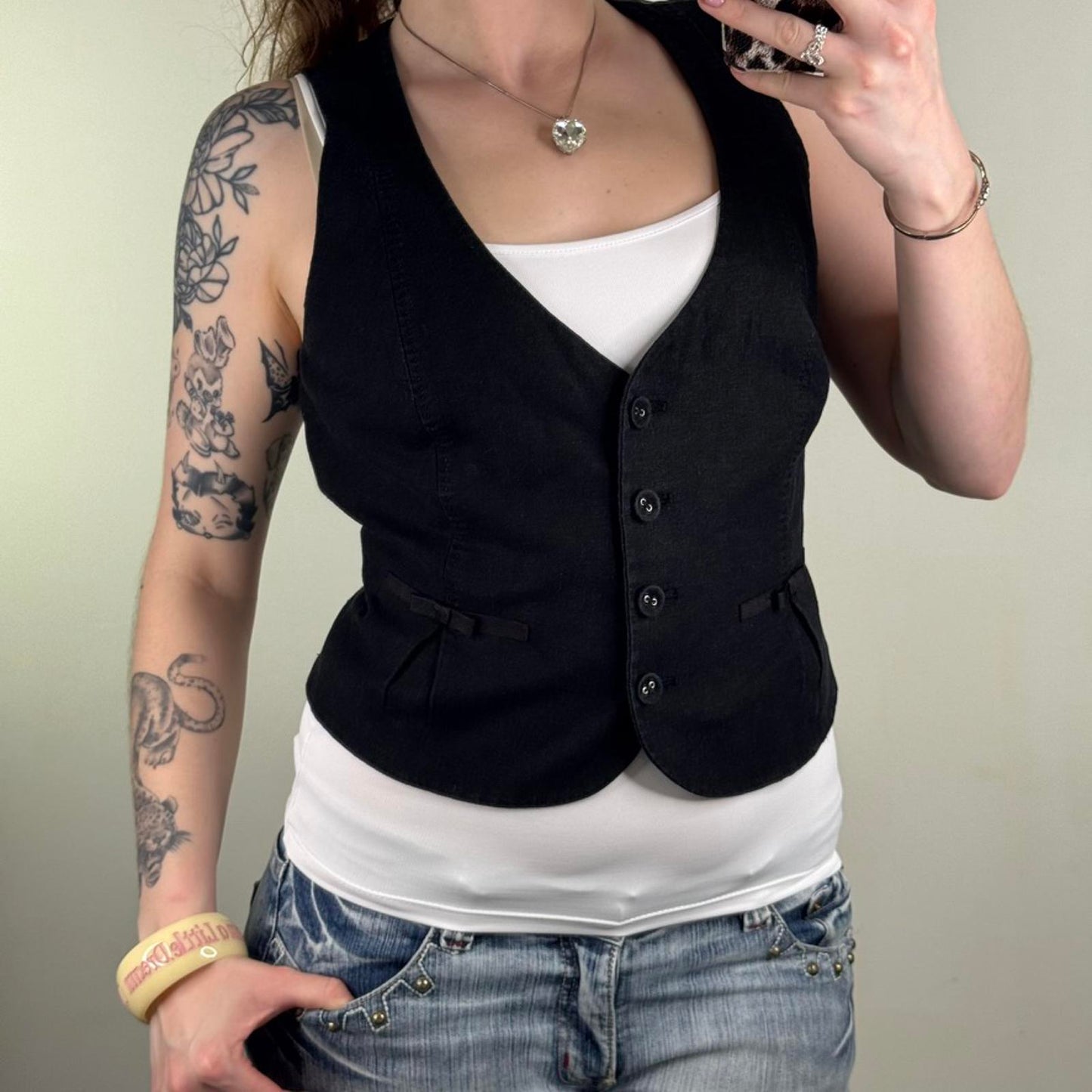 Y2K vintage linen blend waistcoat top v neck button up black bow fitted black