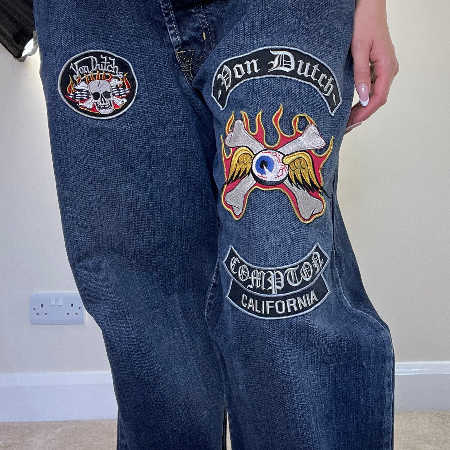 Y2K vintage Von Dutch embroidered patches denim bootcut jeans