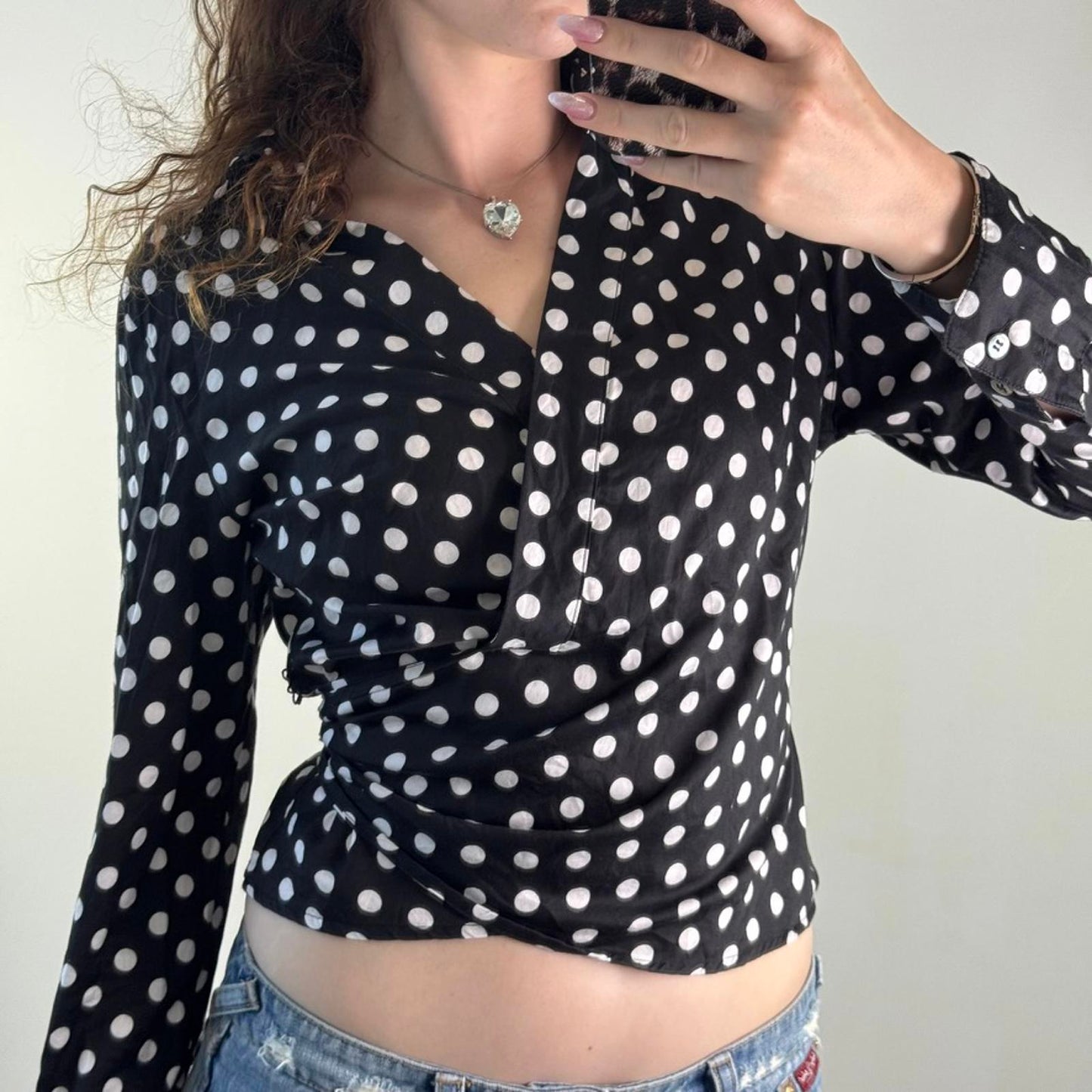 Y2K vintage polka dot wrap around long sleeve shirt v neck bow spotty