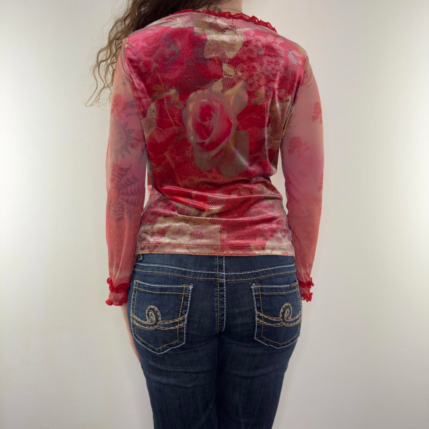Y2K vintage mesh velour floral long sleeve top