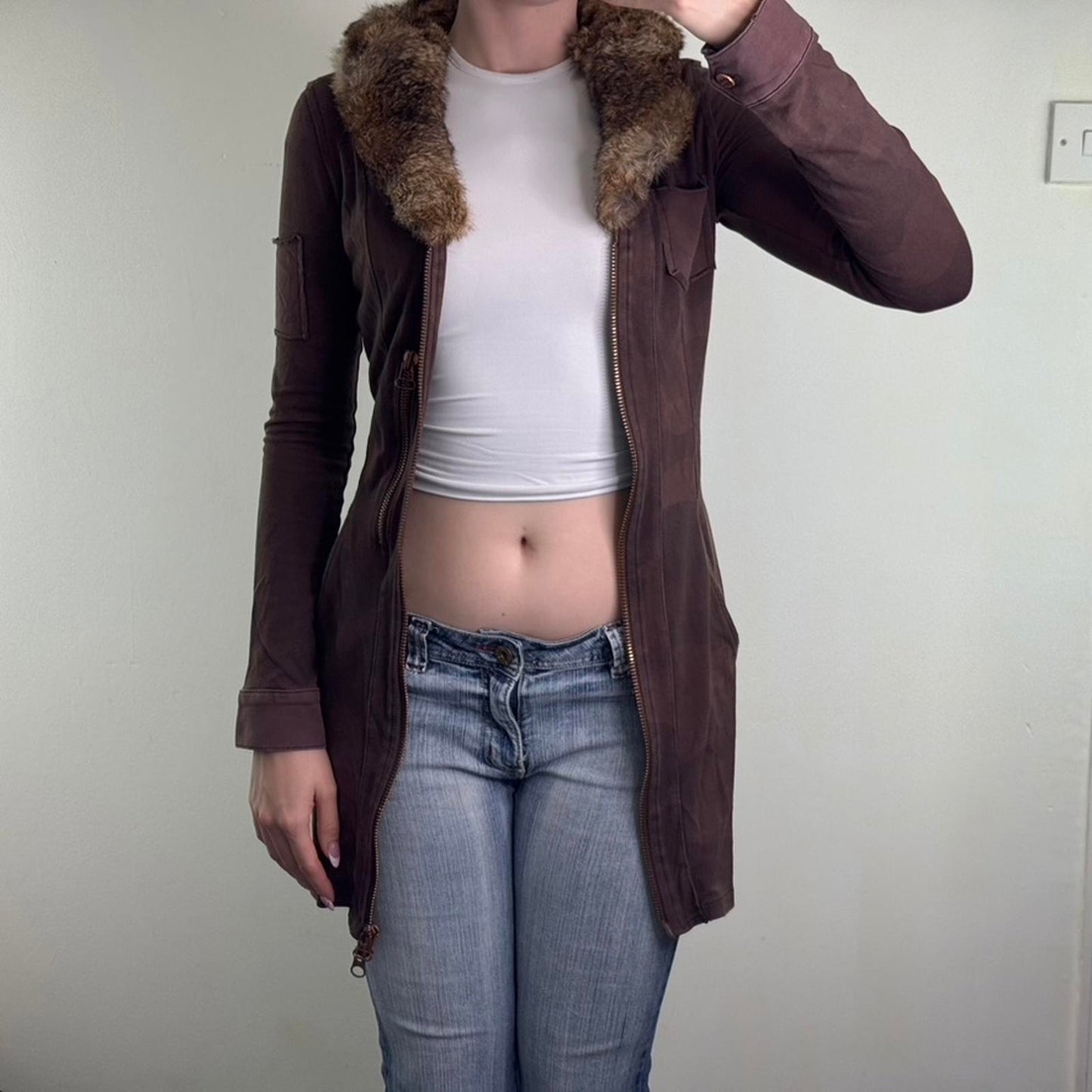 Y2K vintage genuine lapin rabbit fur fitted zip up hoodie camo print archive